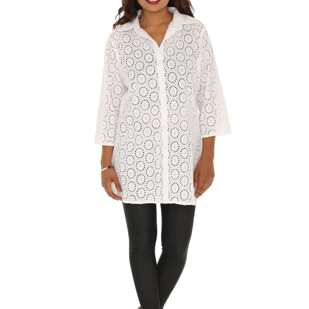 Cotton Sheer Eyelets Button-Up Top